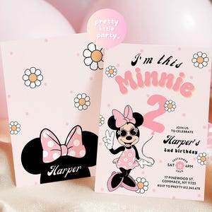 May include: Pink Minnie Mouse-themed birthday party invitations. One card features a Minnie Mouse bow and the name "Harper." The other card says "I'm this Minnie 2" with event details. Daisy and polka dot accents.
