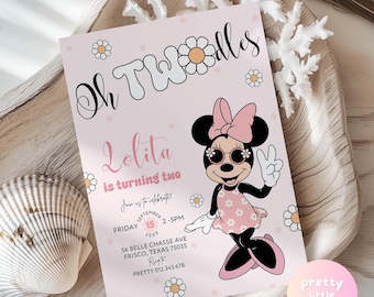 Full Editable 'Oh Twodles' Any Age Minnie Mouse Birthday Party Invitation | Groovy Minnie Polkadot Pink Peach Daisy Summer Party Invite GM01