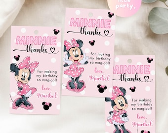 Editable "Colors" Minnie Mouse Birthday Favor Tag | Pink Minnie Mouse Polkadot Pink White Birthday Thankyou Card, Gift Tag  PMN03