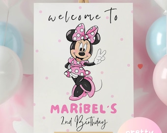 Oh TWOdles Minnie Mouse Birthday Party Welcome Sign | Modern Minnie Mouse Polkadot Pink White 2nd Birthday Decor Sign CANVA PMN03