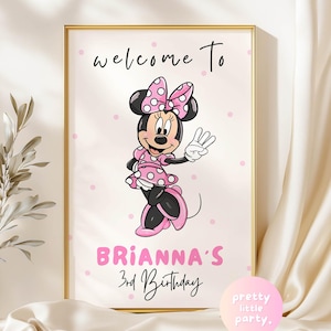 3rd Minnie Mouse Birthday Party Welcome Sign | Modern Minimal Minnie Mouse Polkadot Pink White Third Birthday Decor Sign CANVA PMN01