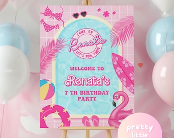 Cute Pink Pool Birthday Party Welcome Sign | Editable Printable Let's Pool Party Pink Blue Pool Party Sign | Girl Summer Princess Pool Decor