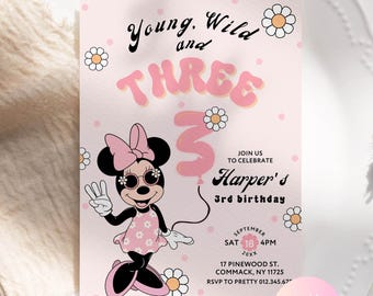 Young Wild THREE Minnie Mouse Birthday Party Invitation | 3rd Groovy  Minnie Polkadot Pink Peach Third Birthday Party Invite GM04