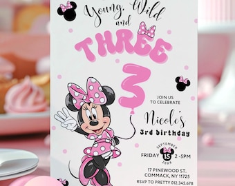 Young Wild THREE Minnie Mouse Birthday Party Invitation | 3rd Cute White Pink Polkadot Third Birthday Invite  PMN04