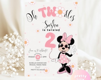 Oh Twodles Balloon Minnie Mouse Birthday Party Invitation | Groovy Daisy Minnie Polkadot Pink Peach Summer Party Invite CANVA GM05