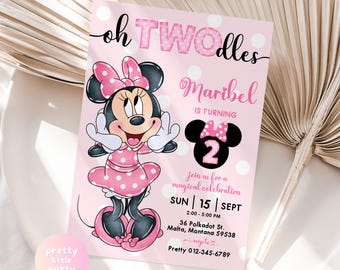 Oh TWOdles 2nd Minnie Mouse Birthday Party Invitation | Editable Printable Watercolor Minnie Mouse Polkadot Pink Second Birthday Invite