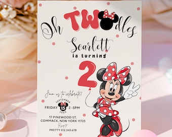 Oh Twodles Minnie Mouse Birthday Party Invitation | 2nd Cute Minnie White Red Black Polkadot Second Birthday Invite with Balloon RMN01