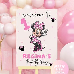 Finger ONE 1st Pink Minnie Birthday Party Welcome Sign | Modern Minimal Minnie Mouse Polkadot Pink White Decor Sign PMN04