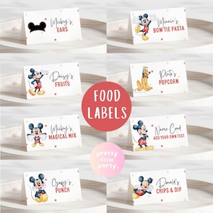 Etiquetas de comida para fiesta de cumpleaños de Mickey Mouse / Decoración de cumpleaños moderna de Mickey en rojo, amarillo, negro y blanco para cualquier edad, tarjeta de carpa, etiqueta con nombre CMC01