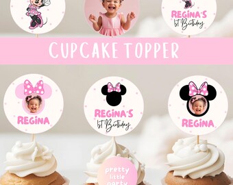 Finger ONE 1st Pink Minnie Birthday Party Cupcake Topper | Modern Minnie Mouse Polkadot Pink White First Birthday Cake Decor CANVA PMN04
