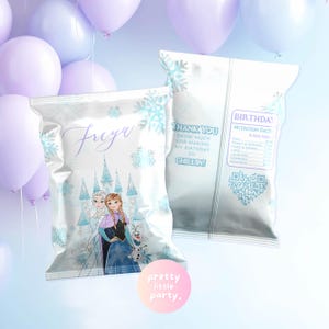 May include: Two white party favor bags with a Frozen theme, featuring Elsa, Anna, and Olaf. The bags have snowflake and castle designs, with the name "Freya" and the text "Thank You Snow Much For Making My Birthday So Chillin!" printed on them. Purple and blue balloons are in the background.