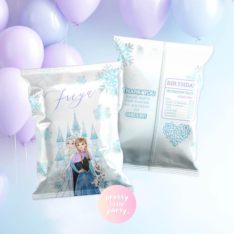 May include: Two white party favor bags with a Frozen theme, featuring Elsa, Anna, and Olaf. The bags have snowflake and castle designs, with the name "Freya" and the text "Thank You Snow Much For Making My Birthday So Chillin!" printed on them. Purple and blue balloons are in the background.