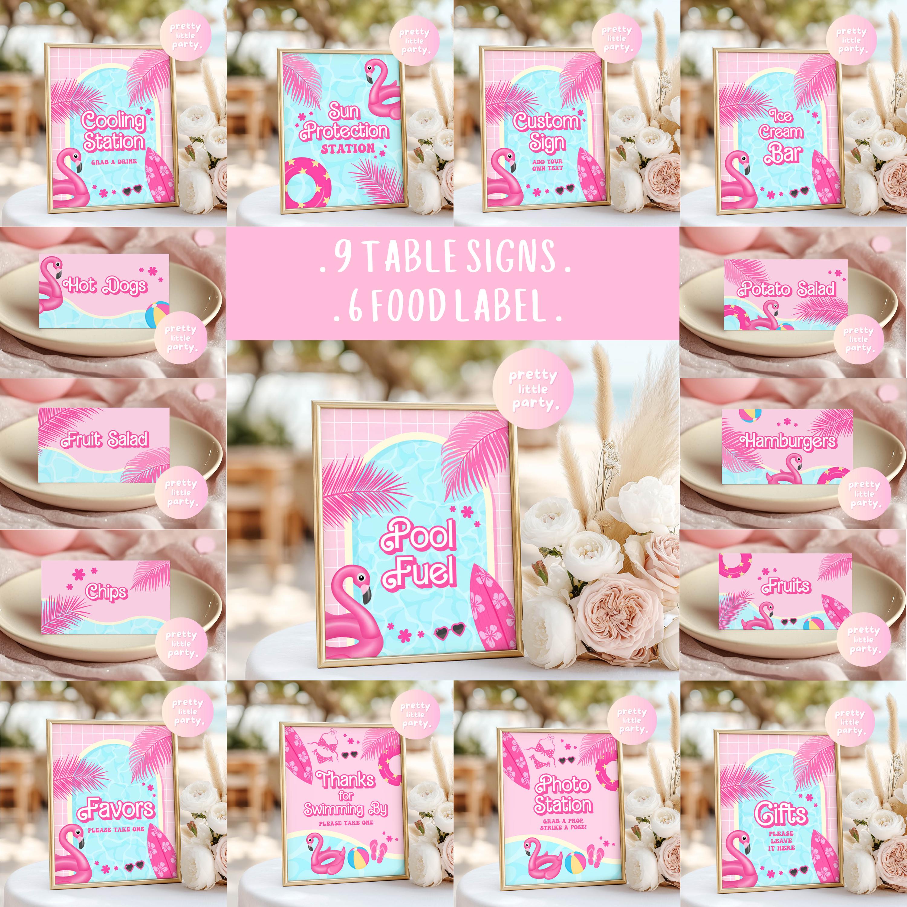 Pink Pool Birthday Table Sign & Food Label | Editable Let's Pool Party ...