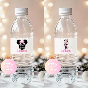 Any AGE / Oh Twodles Minnie Mouse Birthday Water Bottle Label | Pink Minnie Peace Finger Drinking Label, Party Favor, Decor PMN03