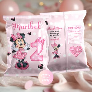 May include: Pink party favor bags featuring Minnie Mouse, polka dots, and the name "Maribel." One bag displays a large number "2" and the text "Thank You." The other bag has a "Birthday Nutrition Facts" label and a QR code. The words "pretty little party" are also visible.