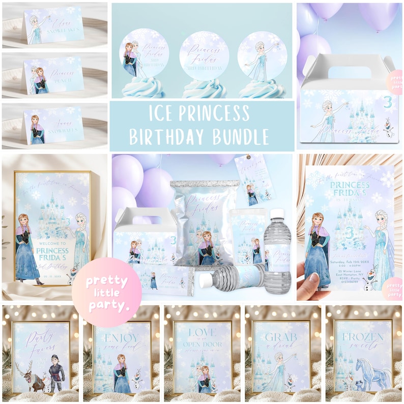 May include: An Ice Princess themed birthday party set. The bundle includes invitations, cupcake toppers, and water bottle labels. The items feature Elsa and Anna from Frozen, with a light blue and purple colour scheme. The text reads "Ice Princess Birthday Bundle".