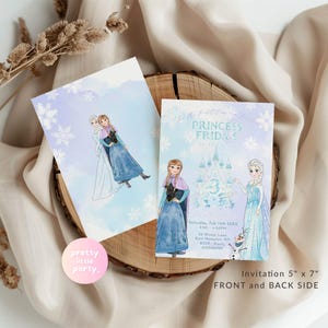 May include: Two-sided invitation with watercolour illustrations of animated characters. The front features a castle, snowflakes, and the text "Princess Frida's is turning 3". The back side shows the characters. The invitation measures 12.7cm x 17.8cm.