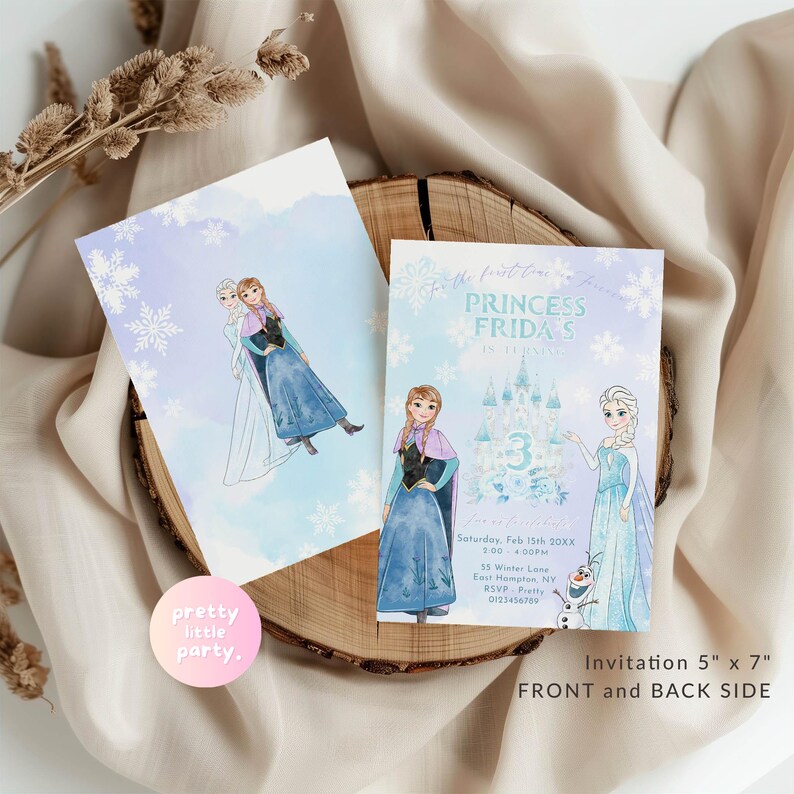 May include: Two-sided invitation with watercolour illustrations of animated characters. The front features a castle, snowflakes, and the text "Princess Frida's is turning 3". The back side shows the characters. The invitation measures 12.7cm x 17.8cm.