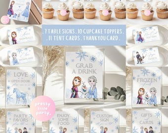 Ice Snow Winter Princess Party Favors Bundle | Frozen Birthday Table Sign, Cupcake Topper, Food Labels, Favor Tag | Elsa Anna Decor FRB01