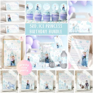 May include: A selection of party decorations with a Frozen theme. The set includes invitations, cupcake toppers, favour boxes, water bottle labels, and signs. The colour scheme is light blue, purple, and white, with images of Elsa and Anna.