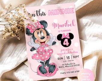Ich bin diese Minnie 4 Minnie Maus Geburtstagsparty Einladung | Bearbeitbares druckbares Aquarell Minnie Maus Polkadot Rosa vierter Geburtstag einladen