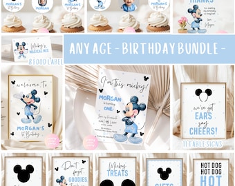 Any Age Mickey Mouse Birthday Party BUNDLE | Mickey Blue White Invitation, Table Sign, Food Label, Favor Tag, Cupcake, Welcome Sign BMC01