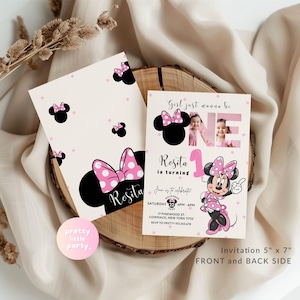 May include: A set of two invitation cards with a Minnie Mouse theme. The front of the invitation features a Minnie Mouse illustration, the text "Girl just wanna be ONE", and the name "Rosita". The back has a polka dot pattern and Minnie Mouse silhouettes. The cards are 5" x 7".