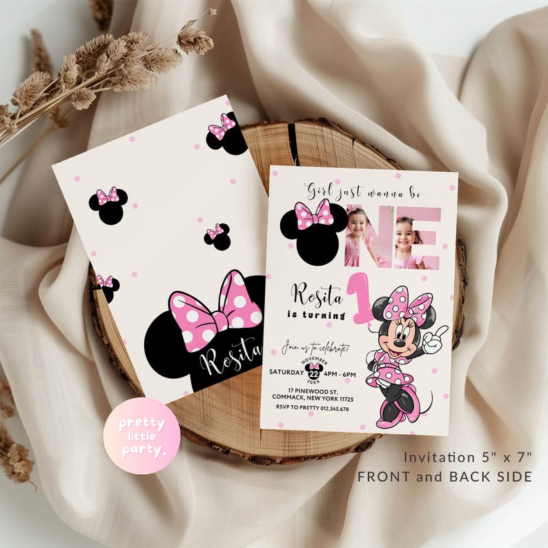 May include: A set of two invitation cards with a Minnie Mouse theme. The front of the invitation features a Minnie Mouse illustration, the text "Girl just wanna be ONE", and the name "Rosita". The back has a polka dot pattern and Minnie Mouse silhouettes. The cards are 5" x 7".