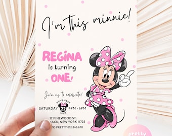 Finger ONE 1st Pink Minnie Birthday Party Invitation with Photo | Cute Minnie White Pink Polkadot First Birthday Invite with Balloon PMN04