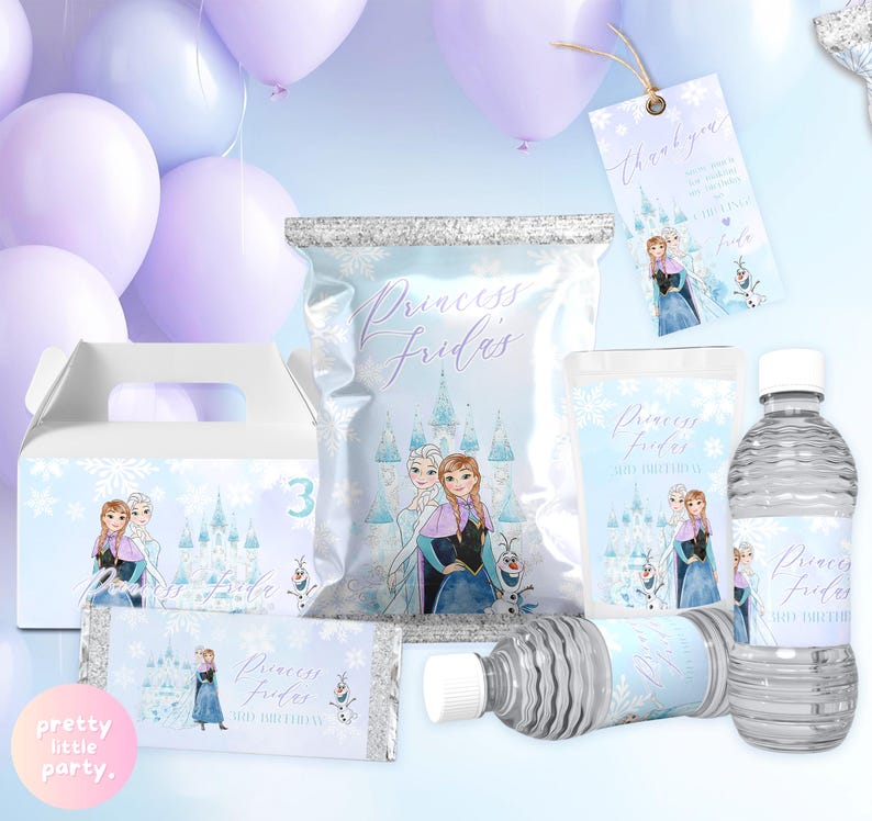 May include: Party supplies with a Frozen theme, including a gift box, candy bag, water bottles, and a chocolate bar. The items feature Elsa and Anna illustrations in a light blue, purple, and white colour scheme. The text "Princess Frida's" is visible.