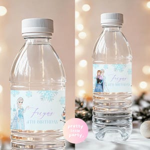 May include: Clear plastic water bottles with white caps. Each bottle has a label featuring characters from the movie Frozen, snowflakes, and the text "Freya's 4th Birthday". The labels are light blue and purple.