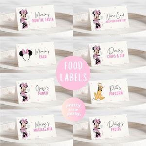 TOUT ÂGE / Étiquettes pour aliments anniversaire Minnie Mouse Oh Twodles | Décoration d'anniversaire moderne Minnie Mouse à pois, carte tente de table, étiquette nominative PMN03