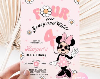 May include: Pink birthday invitation with daisy accents and the text "FOUR ever Young and Wild!" featuring a cartoon character. The invitation includes details for Harper's 4th birthday, with the date, time, and location.