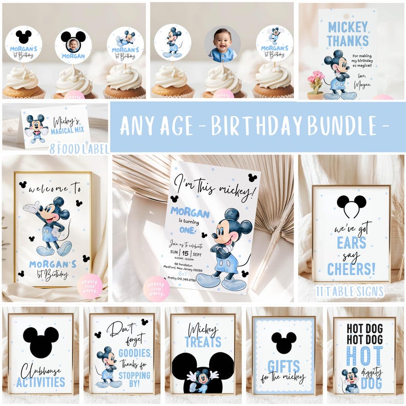 Puede incluir: Una colecci&oacute;n de decoraciones para fiestas de cumplea&ntilde;os con el tema de Mickey Mouse. Incluye adornos para cupcakes, etiquetas de comida, letreros de bienvenida, invitaciones, letreros de mesa y m&aacute;s. La combinaci&oacute;n de colores es azul claro y negro.