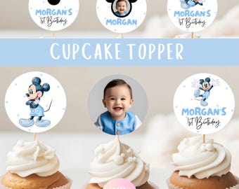Blue Mickey Mouse Birthday Cupcake Topper | Modern Minimal Watercolor Mickey Mouse Polkadot Blue White Birthday Cake Decor CANVA BMC01