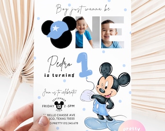 May include: A birthday invitation featuring Mickey Mouse, a photo of a child, and the text "Boy just wanna be ONE." The invitation includes the name "Pedro," the number "1," and event details. The design incorporates blue accents and polka dots.