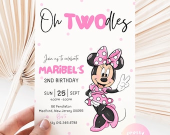 Oh TWOdles Minnie Mouse Birthday Party Invitation | Modern Minimal 2nd Minnie Mouse | Polkadot Pink White Second Birthday Invite CANVA PMN03