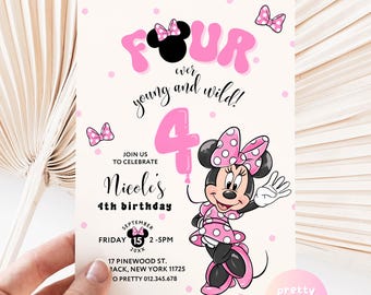 FOUR ever Young & Wild Minnie Mouse Birthday Party Invitation | 4th Cute Minnie White Pink Polkadot Fourth Birthday Invite Balloon PMN04