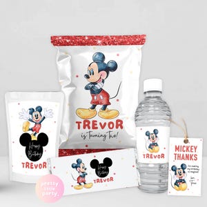 May include: A collection of party supplies featuring Mickey Mouse. Includes a bag, a pouch, a water bottle, a candy bar wrapper, and a gift tag. The text "Trevor is Turning Two!" and "Happy Birthday Trevor" are visible.