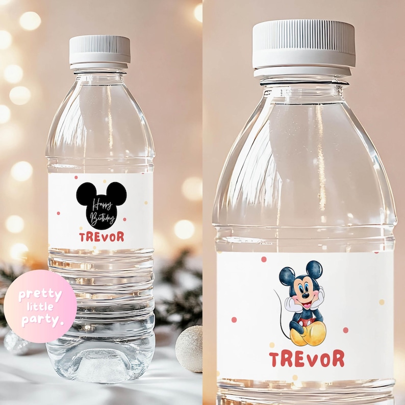 May include: Clear plastic water bottle with a white label featuring a black Mickey Mouse silhouette and the text "Happy Birthday Trevor." The label also includes pink and yellow polka dots. The bottle has a white cap.