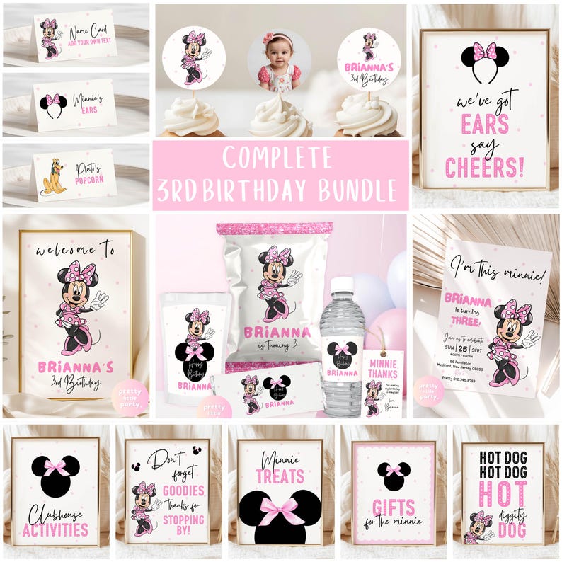 Puede incluir: Un completo paquete de fiesta de 3er cumplea&ntilde;os con Minnie Mouse. Incluye invitaciones, carteles de bienvenida, bolsas de golosinas, etiquetas para botellas de agua y m&aacute;s. Combinaci&oacute;n de colores rosa y negro con gr&aacute;ficos de Minnie Mouse.