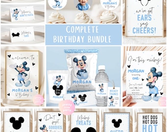 Mickey Mouse Birthday Party COMPLETE BUNDLE | Mickey Blue White Invite, Party Favor Table Sign, Food Label, Tag, Cupcake, Sign BMC01