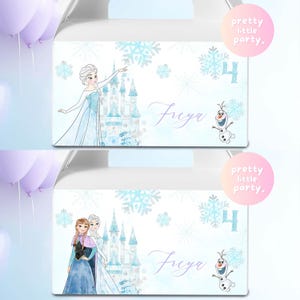 May include: White party favour boxes with illustrations of characters from the film Frozen. The boxes have a light blue and white colour scheme with snowflakes, the number 4, and the name Freya. The text "pretty little party" is also included.