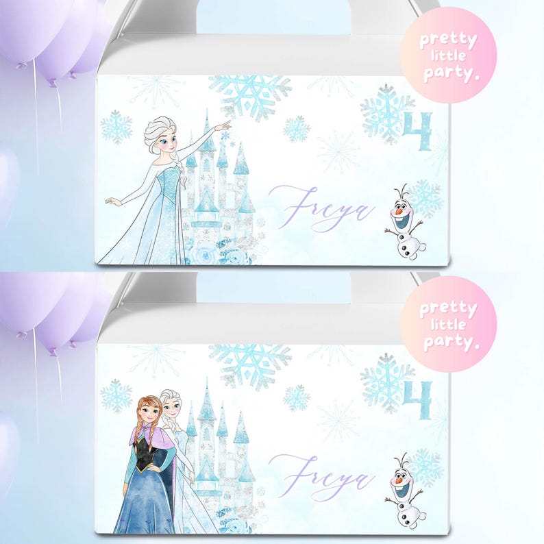May include: White party favour boxes with illustrations of characters from the film Frozen. The boxes have a light blue and white colour scheme with snowflakes, the number 4, and the name Freya. The text "pretty little party" is also included.