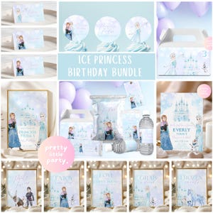 May include: An Ice Princess themed birthday party bundle featuring invitations, cupcake toppers, a gift box, framed art, snack bags, water bottle labels, and framed signs. The colour scheme is light blue and white, with illustrations of a princess and a castle.