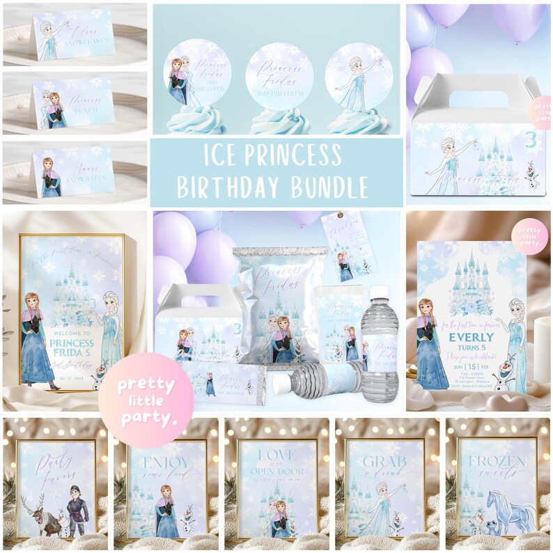May include: An Ice Princess themed birthday party bundle featuring invitations, cupcake toppers, a gift box, framed art, snack bags, water bottle labels, and framed signs. The colour scheme is light blue and white, with illustrations of a princess and a castle.