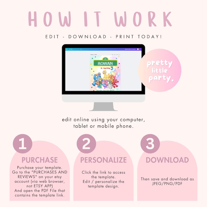 May include: A pink graphic with the text "HOW IT WORK" and instructions for purchasing, personalizing, and downloading a template. A computer screen displays a birthday party invitation with Sesame Street characters.