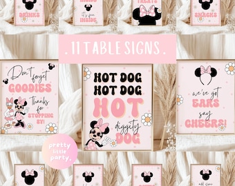 Finger THREE Minnie Mouse Birthday Party Table Sign | 3rd Groovy Minnie Polkadot Third Birthday Decor Food Sign, Drink Sign, Hot Dog GM04