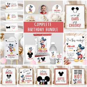 May include: A complete birthday bundle featuring Mickey Mouse. Includes invitations, signs, treat bags, water bottle labels, and cupcake toppers. The signs have phrases like "Welcome to Trevor's 2nd Birthday" and "We've got ears, say cheers!"