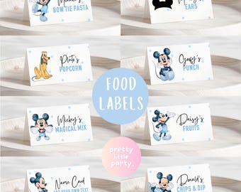 Any Age Mickey Mouse Birthday Party Food Labels | Mickey Blue White 1st 2nd 3rd 4th 5th Birthday Decor, Tent Card, Name Label CANVA BMC01